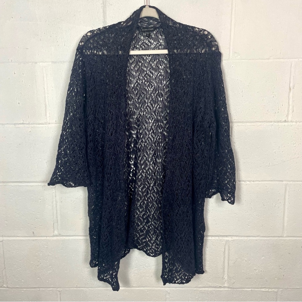 Eileen Fisher Open‎ Front Crochet Cardigan Linen Blend Blue Metallic Bohemian M